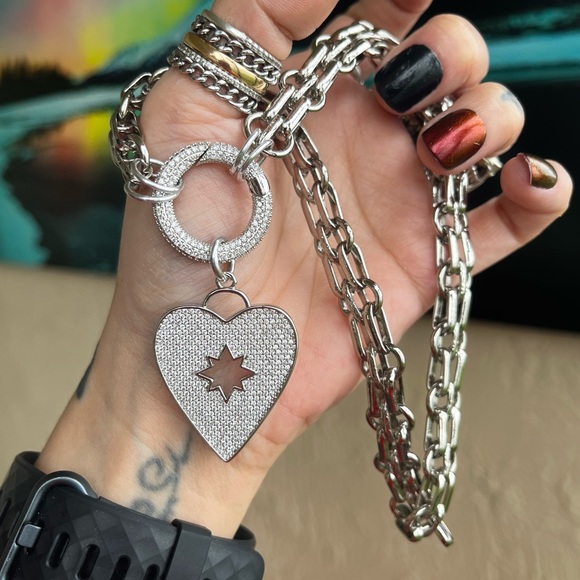 Two looks stainless steel choker heart necklace cz rhinestones boho st valentine - Picture 10 of 16